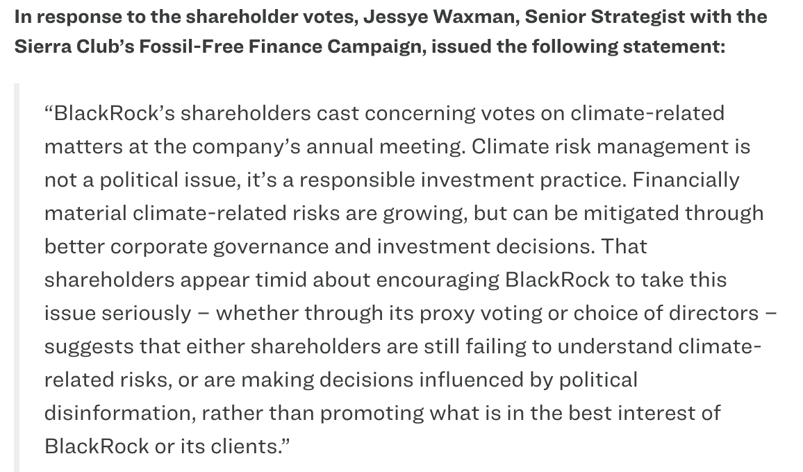 Today, @BlackRock shareholders failed to hold BlackRock accountable on #climate. The majority of shareholders voted against a measure to encourage BLK to assess its climate-related proxy voting & voted to approve an oil exec's appointment to the board. sierraclub.org/press-releases…