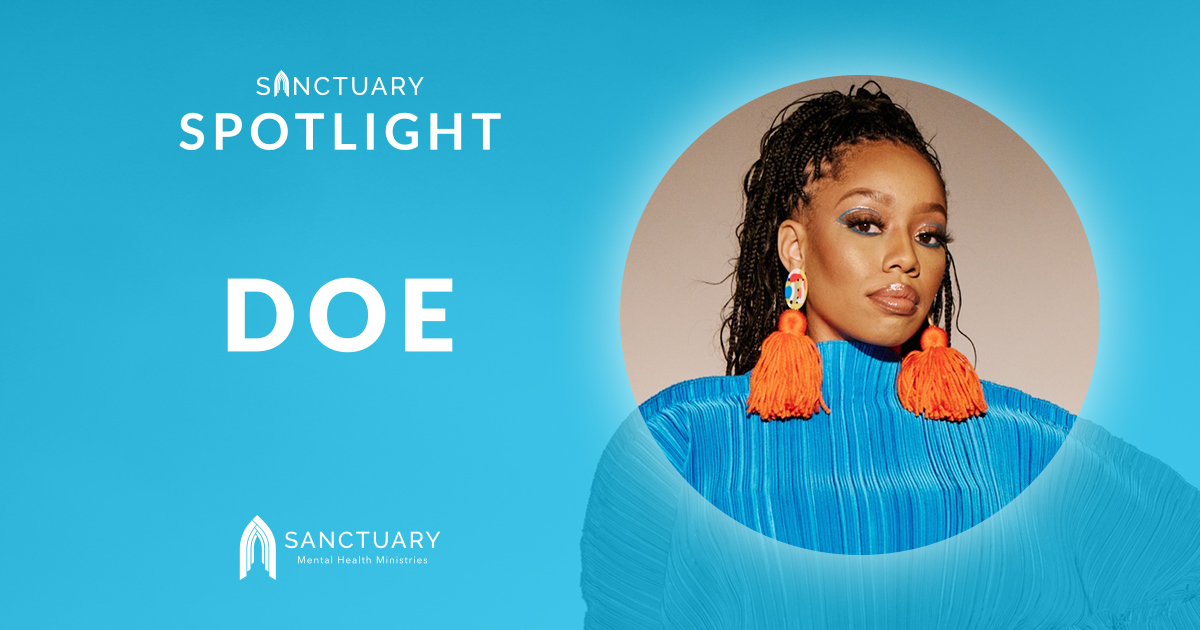 Sanctuary Spotlight is a monthly feature celebrating artists who are responding to themes of #mentalhealth and faith. This month's feature is @doe_jones_music, a GRAMMY®-nominated singer. Check out DOE's fundraiser for Sanctuary on her new music video! hubs.la/Q02xdMbp0.
