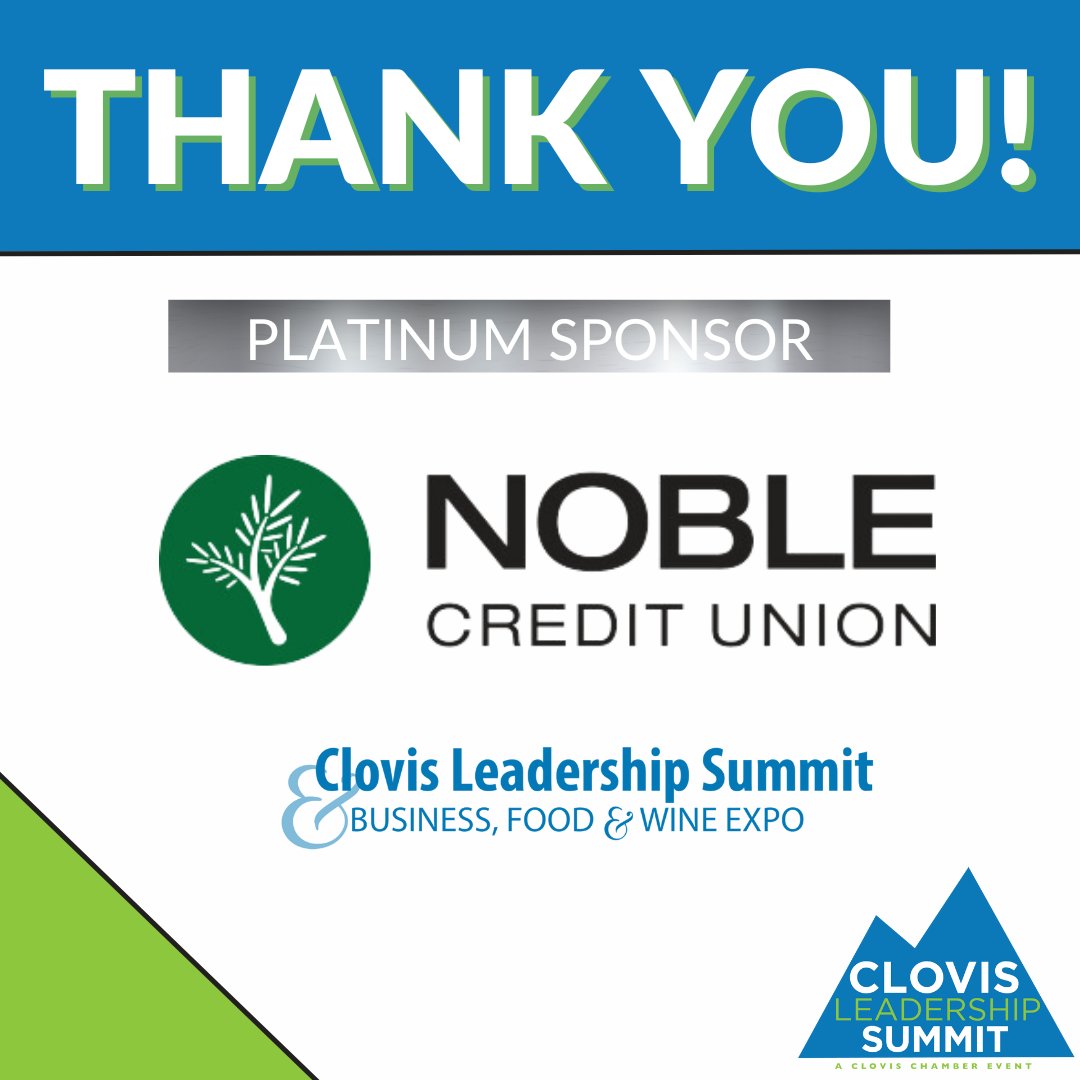 We are excited to have Noble Credit Union as a platinum sponsor for the Clovis Leadership Summit &amp; Business, Food &amp; Wine Expo on June 20th. We are grateful for their continued support in making this event possible.  🌟

#CLS2024 #ThankYouSponsors #ClovisLeadershipSummit