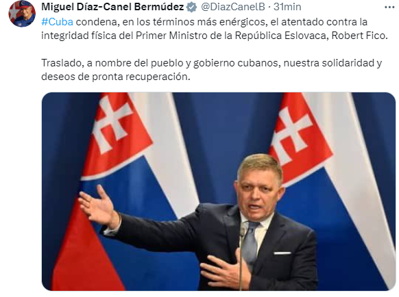 | #Cuba 📷 #CanalCaribe | El primer secretario del Comité Central del Partido y presidente de la República, @DiazCanelB, condenó hoy el atentado contra el primer ministro eslovaco Robert Fico.