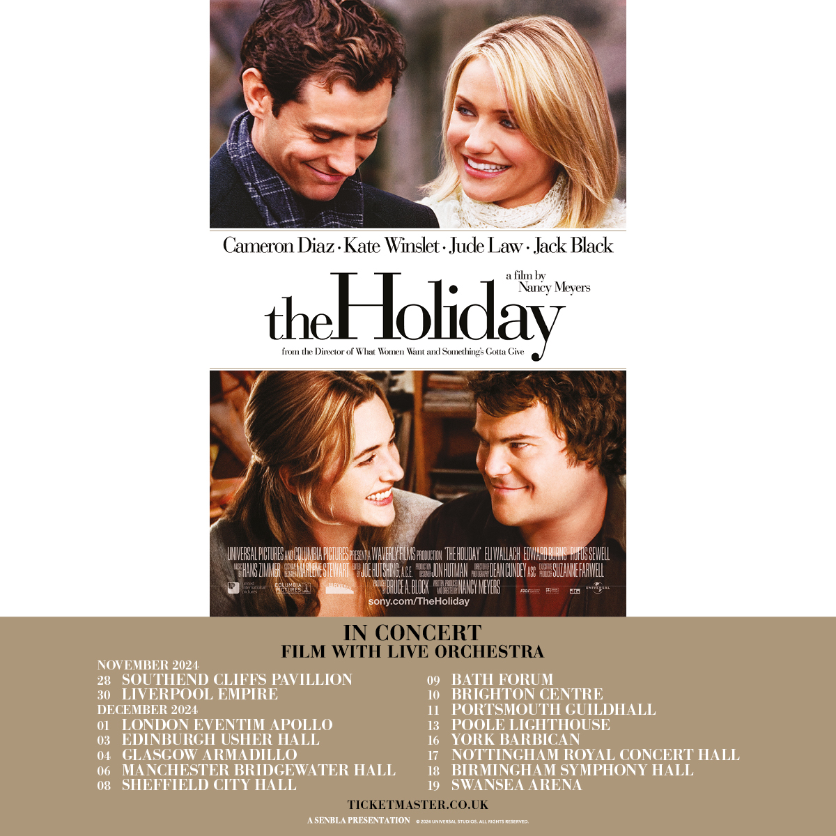 Beloved Christmas romcom, 'The Holiday' (2006), is to be presented live in concert this festive season, which will see the film’s score played live-to-film with a complete concert orchestra and cinema-size screen. On sale Friday >>> bit.ly/3R1TE0y