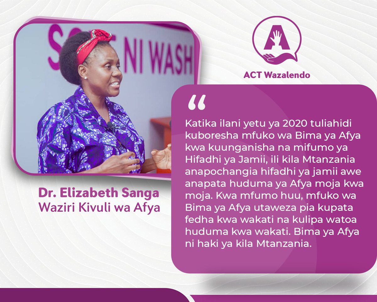 'Katika ilani yetu ya 2020 tuliahidi kuboresha mfuko wa Bima ya Afya kwa kuunganisha na mifumo ya Hifadhi ya Jamii, ili kila Mtanzania anapochangia hifadhi ya jamii awe anapata huduma ya Afya moja kwa moja.' Waziri Kivuli wa Afya @DrBSanga #TaifaLaWote #MaslahiYaWote