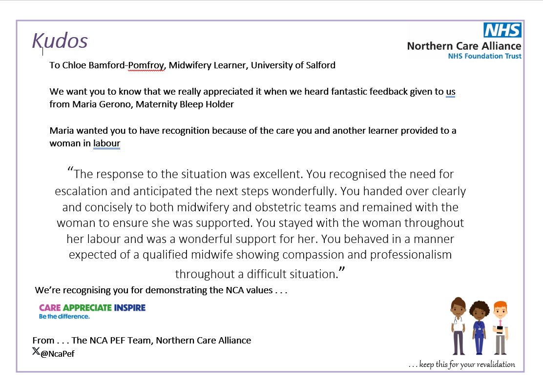NcaPef's tweet photo. 📢Big Shout out to Natalie Duddle and Chloe Bamford-Pomfroy ( Midwifery learners) for receiving great feedback from staff whilst on placement. 🩷#LAWW #learningpower
@Maternity_NCA
@NCAlliance_NHS
@FaithSheils https://t.co/6RAPr7SKXF