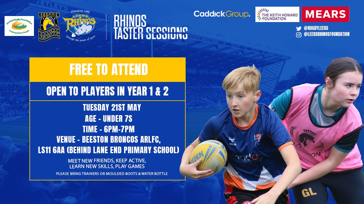 Looking to kick start your Rugby League journey?🏉 Come & join us at our upcoming Taster Session with @beestonbroncos! This is an exciting opportunity for children in years 1 & 2 to come & give RL a ‘try’🙌 📅Tues 21st May 📍LS11 6AA ⏰6-7pm BOOK 👉 bit.ly/3UhrOTu