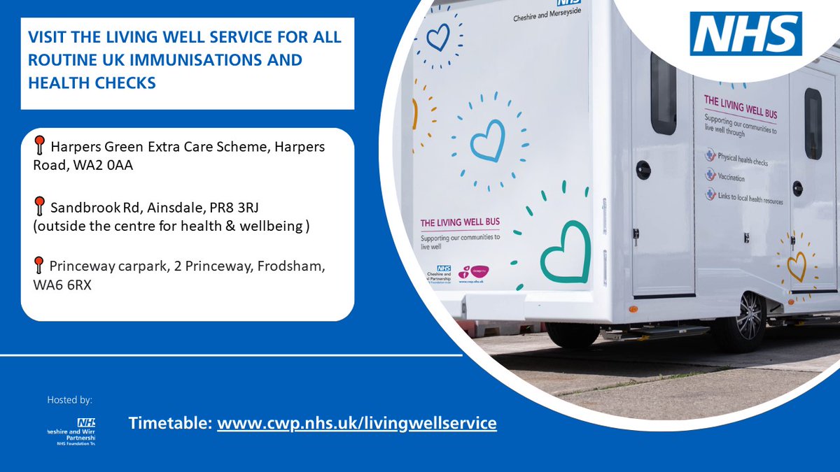 The Living Well Service is in Warrington, Southport and Frodsham tomorrow (16th May) from 10:30 - 16:00, offering all routine UK immunisations including Covid-19. More dates/locations on our website: cheshireandmerseyside.nhs.uk/your-health/he…