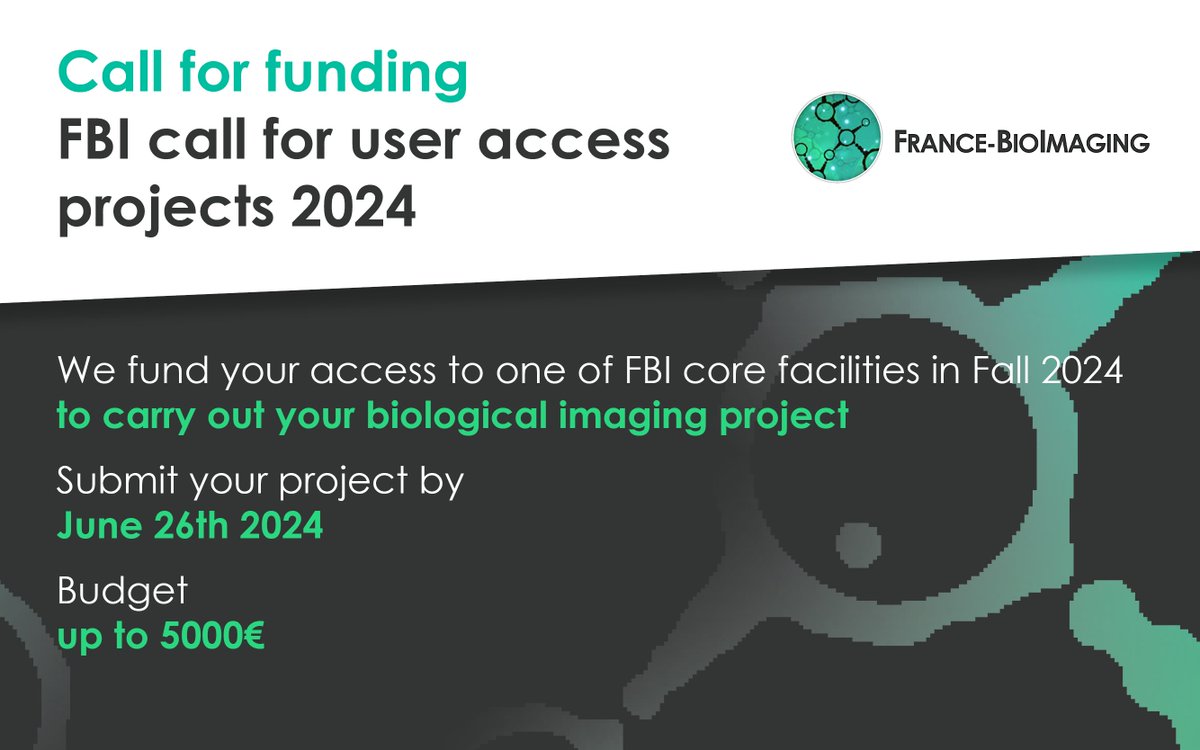 📢Call for funding! You need to access biological imaging services 🔬at one of FBI facilities in Fall 2024? Apply before June 26th in order to be considered for a grant of up to 5000 € to cover your access and travel costs. 👉Submit your project here: france-bioimaging.org/application/fr…