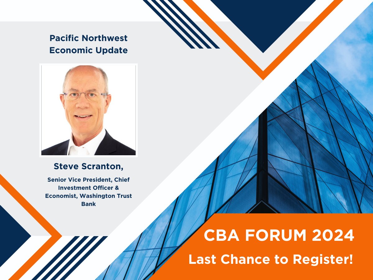 Thursday, May 16
9 a.m. - 12:30 p.m.
3.5 CE Hours
$65 CBA and WSCAR Members | $85 Non-Members

Session 1: Pacific Northwest Economic Update | Steve Scranton, Senior Vice President, Chief Investment Officer &amp; Economist, Washington Trust Bank

Register Now! ow.ly/mhNu50RjsAO