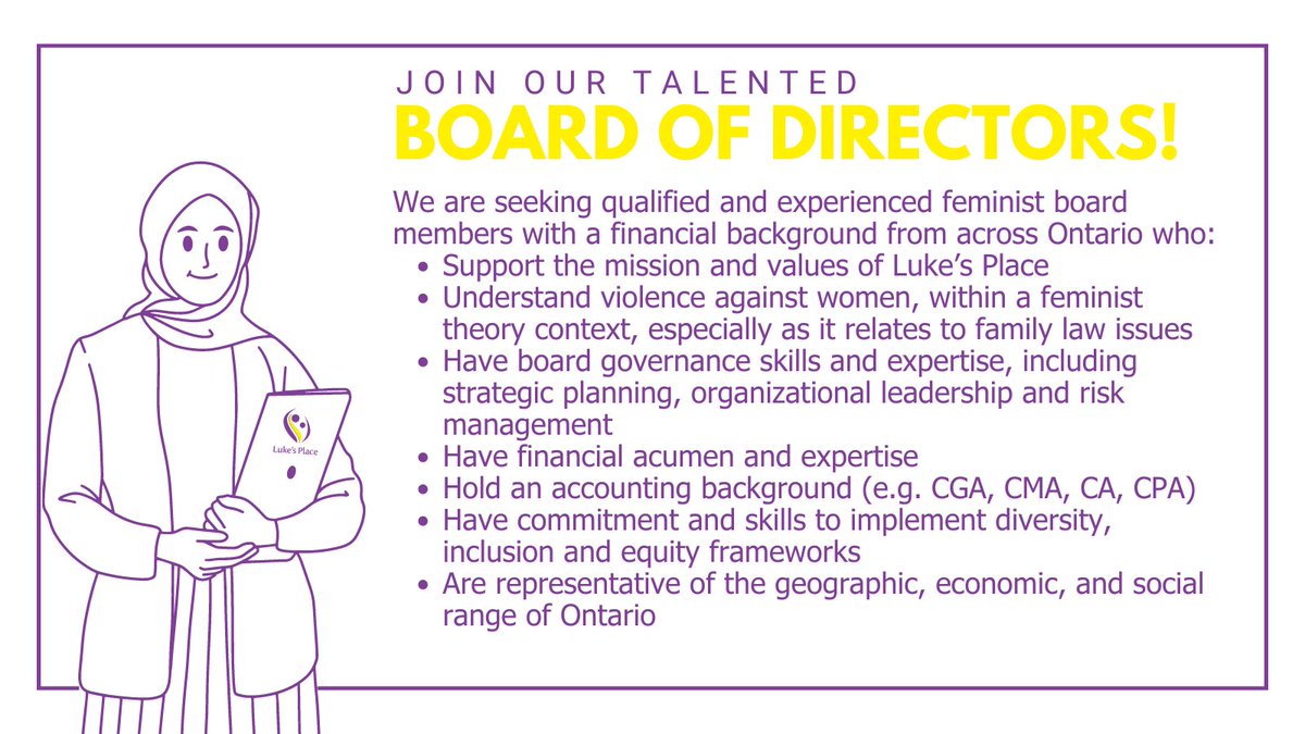 Join our talented Board of Directors! We're seeking qualified and experienced feminist board members with a financial background from across #Ontario. Learn more about this opportunity and what it means to be on our Board: ow.ly/JR9z50RGC1L. #Nonprofit #Governance #Board