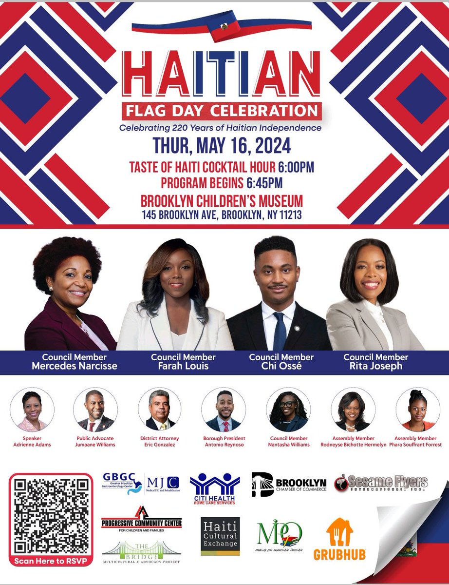 Looking forward to seeing you all TOMORROW on the roof of the @BrooklynKids for Haitian Flag Day! Come celebrate with @nyccouncil Haitian Council Members @OsseChi @CMMercedesCD46 @CMFarahLouis @RitaJosephNYC all evening long with music, dance, refreshments, and more!