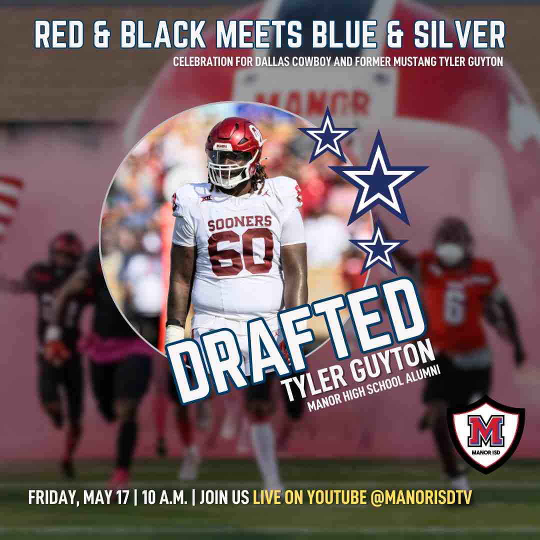 JOIN US 🔴LIVE THIS FRIDAY on YouTube as we celebrate Manor ISD Alumni Tyler Guyton, first round NFL draft pick!⭐️💙🎉 #ProuductOfManor #ManorPride #ManorStrong #ManorUnited #RedandBlackMeetsBlueandSilverDay