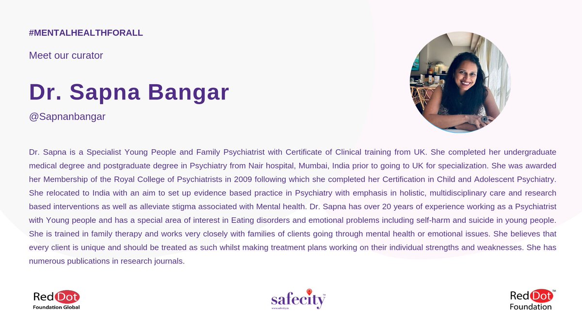 Hi everyone, tonight’s #Safecity chat is being curated by Dr. Sapna Bangar (@Sapnanbangar). Join us at 9 pm IST to discuss the topic “Exploring Cultural Variations Affecting Mental Health of the LGBTQIA+ Community”! #MentalHealthForAll #RedDotFoundation