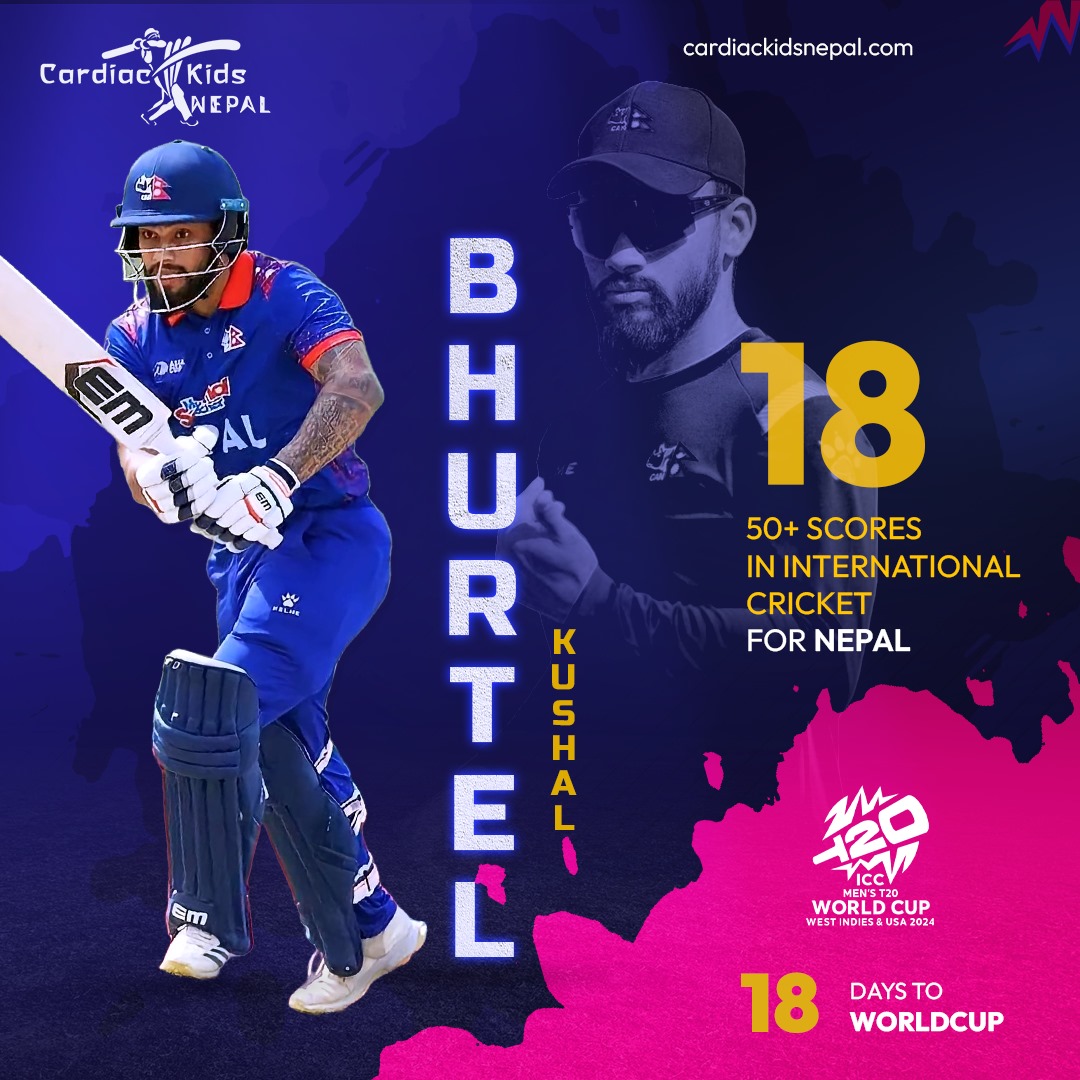 🌟 𝟏𝟖 𝐃𝐀𝐘𝐒 𝐓𝐎 𝐆𝐎! 🌟

𝙏𝙤𝙙𝙖𝙮'𝙨 𝙢𝙖𝙜𝙞𝙘 𝙣𝙪𝙢𝙗𝙚𝙧: 18! 
Did you Know? Kushal Bhurtel has scored 50+ scores 18 times in his international career. How many can we see in the coming world cup?

#NepaliCricket #18DaysToGo #T20WorldCup #KushalBhurtel