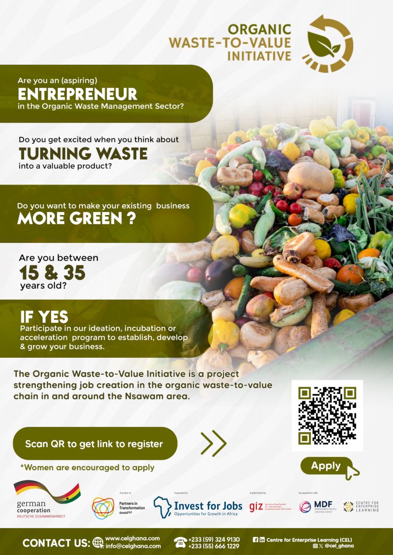 🌿 Training for Sustainable Green Businesses in Ghana🌱

🎓 Benefits:
- Learn how to launch or expand green businesses.
- Gain valuable insights into organic waste management.

📝 Details: shorturl.at/jyTUZ

#GreenBusiness #SustainabilityTraining
