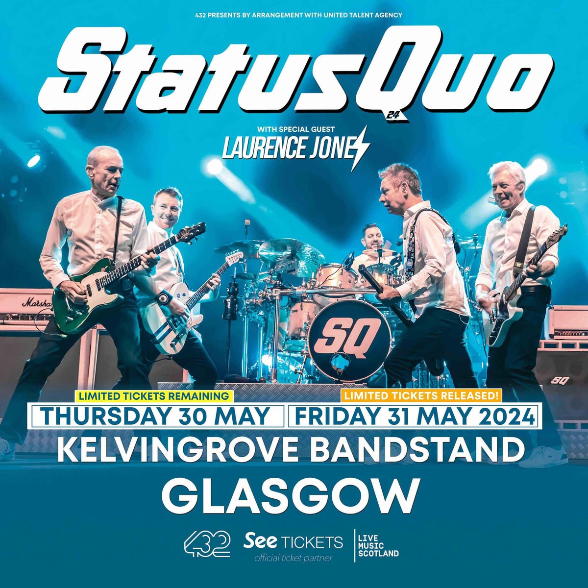 I’m so excited to be supporting @Status_Quo in Glasgow for 2 nights. The venue looks amazing and have released more tix !!! See you there 🔥 LJ #glasgow #statusquo @MarshallRecs @marshallamps @unitedtalent