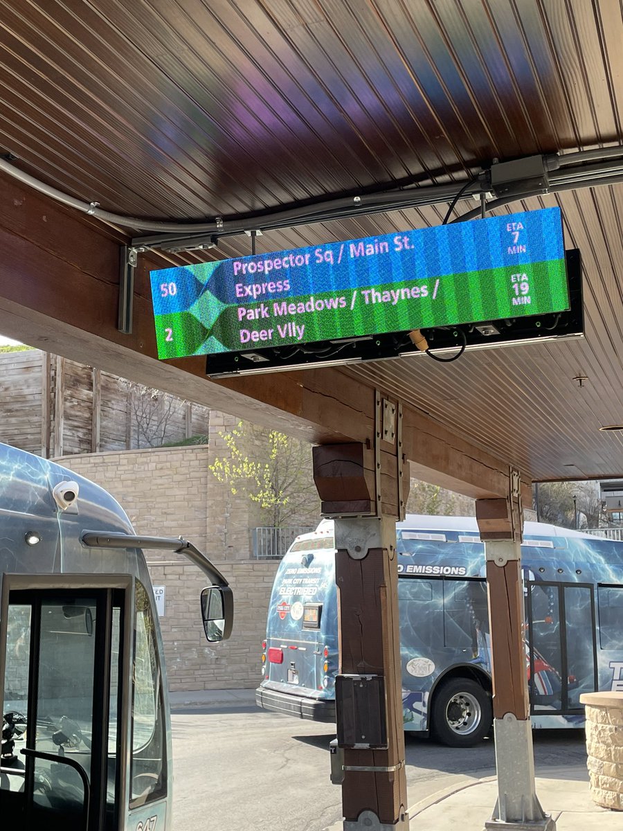 New electronic signage displaying wait times at the Old Town Transit Center near Main Street @ParkCityTransit