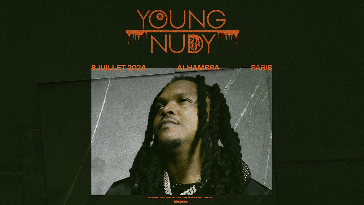 ANNONCE / Révélé par sa mixtape Slimeball, le rappeur multi-récompensé, @PDE_YOUNGNUDY sera de passage à Paris pour un concert unique le 8 juillet prochain à l'Alhambra ! Billets disponibles dès vendredi 17 mai à 10h 🎫 ow.ly/8P4550RH3Xf