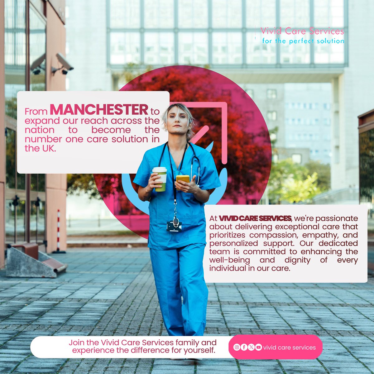 Expanding from Manchester to the nation, Vivid Care Services aims to be the UK’s top care solution. Experience our compassionate, empathetic, and personalized support. Join our family today! #VividCare #Healthcare #UKCare #MomentforMovement