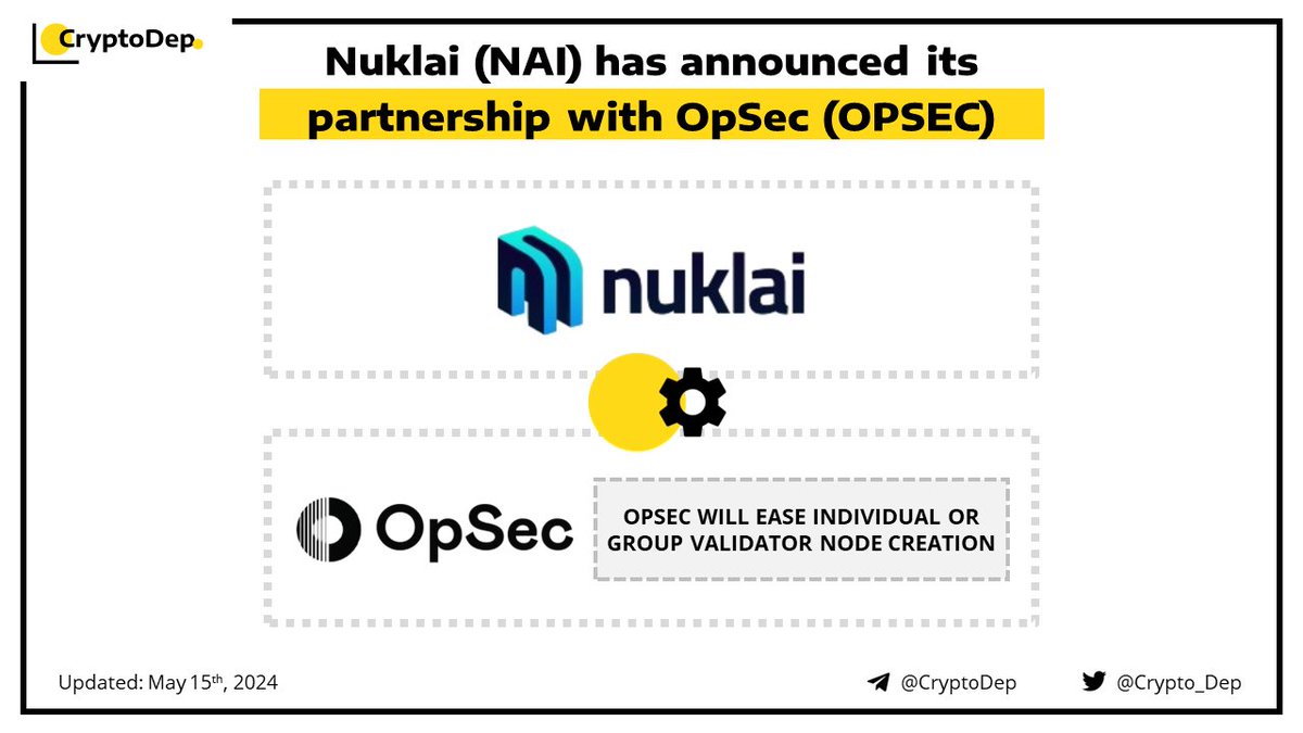 ⚡️ @NuklaiData $NAI has announced its partnership with @OpSecCloud $OPSEC Nuklai joins forces with OpSec, a decentralized computing platform. Under this collaboration, OpSec will ease individual or group validator node creation on Nuklai's L1. Nuklai is Layer 1 for data