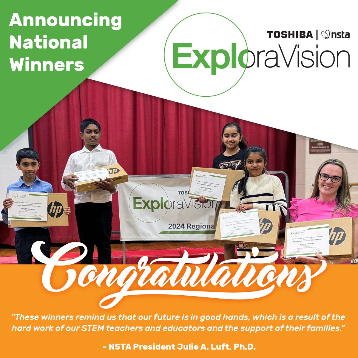Meet the 2024 Toshiba/NSTA ExploraVision National Winners! 🥳This year’s winning ideas explored solutions to global issues ranging from healthcare, energy, technology, and sustainability challenges. Check out the exceptional discoveries here: bit.ly/3WJkqBw #SciEd #STEM
