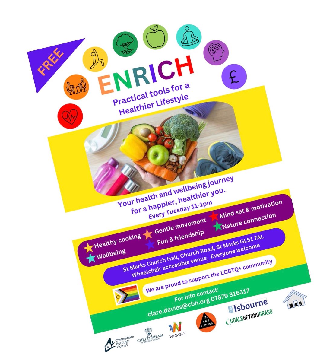 Enrich is a year long health and wellbeing project covering all aspects of health from healthy cooking, gentle exercise and nature connection. Diverse and definitely LGBT+ welcoming 🌈 #Cheltenham every Tuesday 11-1pm