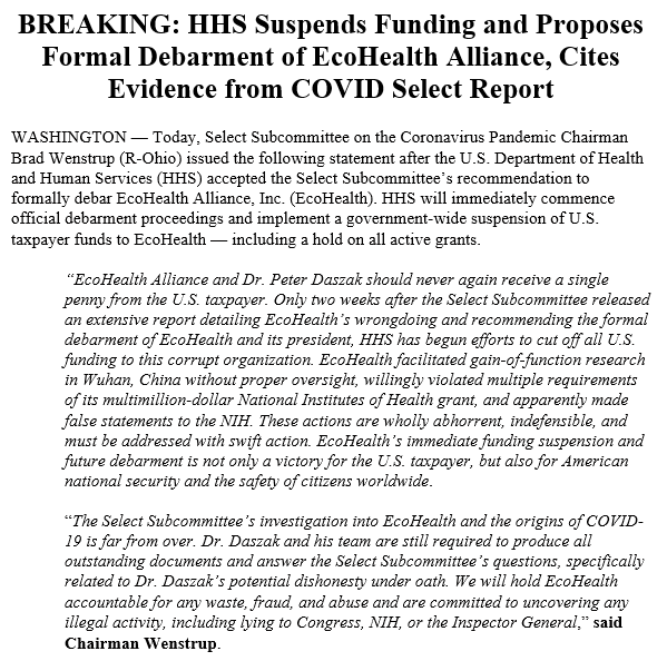 EcoHealth & Dr. Daszak facilitated gain-of-function research in China without proper oversight & willingly violated multiple requirements of @NIH grants. They should never again receive a single penny from the U.S. taxpayer. Read Chairman @RepBradWenstrup's full statement👇