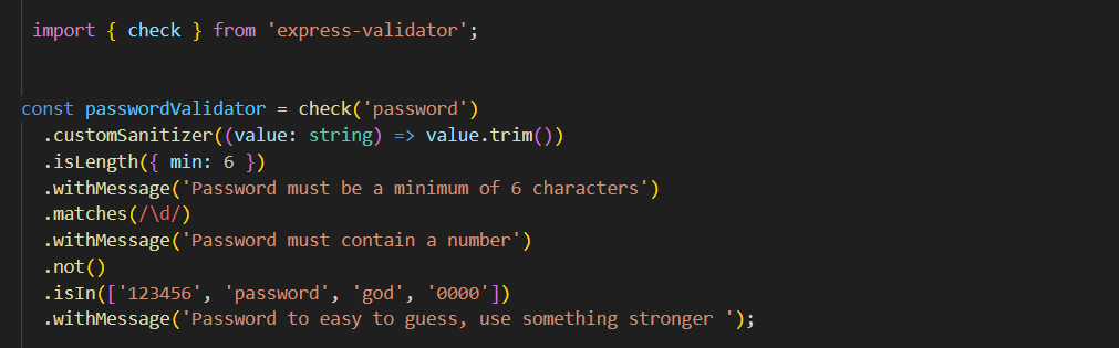 Ememikel's tweet photo. The express-validator middleware is used for validating and sanitizing user input in an application. It helps to improve the security and reliability of an application by enforcing data validation and sanitization practices. Here's it application. @don_skilful 
#coding https://t.co/43hgGlroED