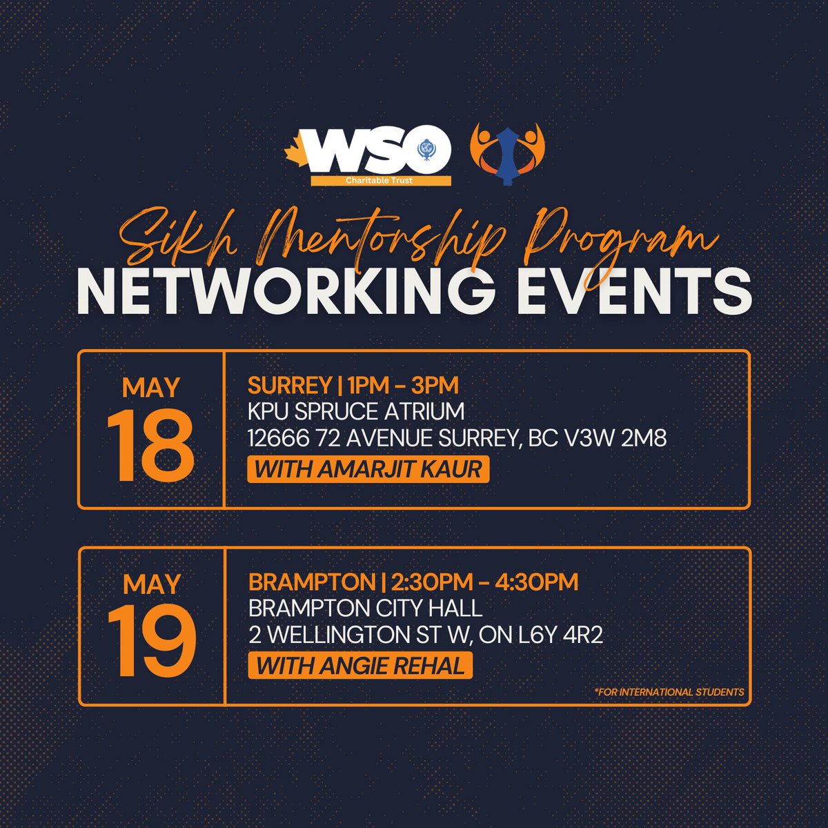 Join us in Surrey and Brampton this weekend for the Sikh Mentorship Program networking events!

Register now:
Surrey: events.humanitix.com/sikh-mentorshi…
Brampton: events.humanitix.com/sikh-mentorshi…

#InternationalStudents #NetworkingEvents