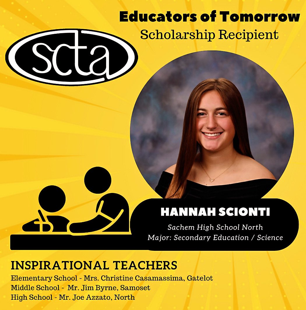 SachemCTA's tweet photo. Best of luck to 🌟Hannah Scionti🌟 Educator of Tomorrow Recipient winner! Congratulations! 💫
@nysut @aftunion @wearethescta @sachemcsd #scholarships #sachem #seniors #educatorsoftomorrow https://t.co/FtSsIVgBoh