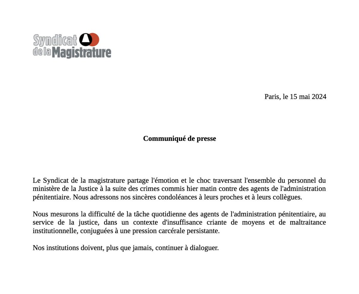 Communiqué de presse à la suite de l'attaque mortelle d'un fourgon de l'administration pénitentiaire survenue hier ⬇️