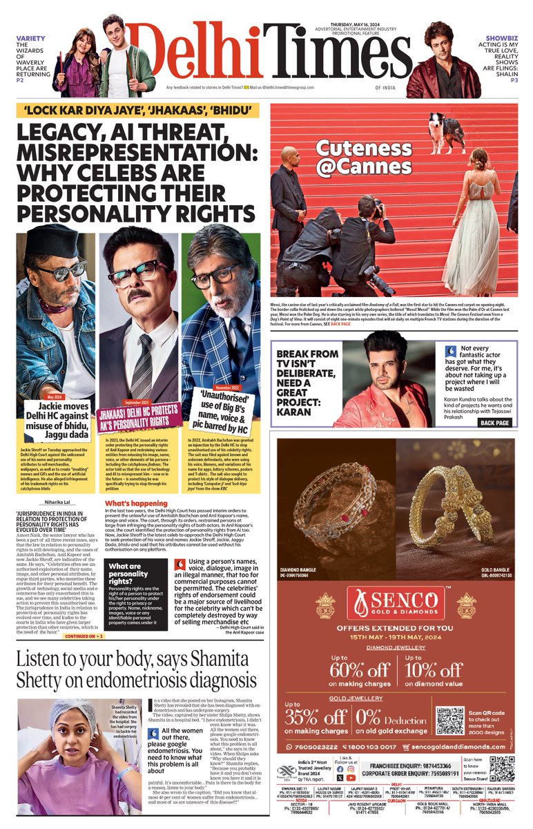 Here's a look at #DelhiTimes' front page.    
Click below to read the edition     
bit.ly/3YdhhZl

@bindasbhidu #JackieShroff @AnilKapoor #AnilKapoor @SrBachchan #AmitabhBachchan @rajinikanth #Cannes2024 #Messi #Hollywood #ShamitaShetty #Bollywood #DelhiTimes