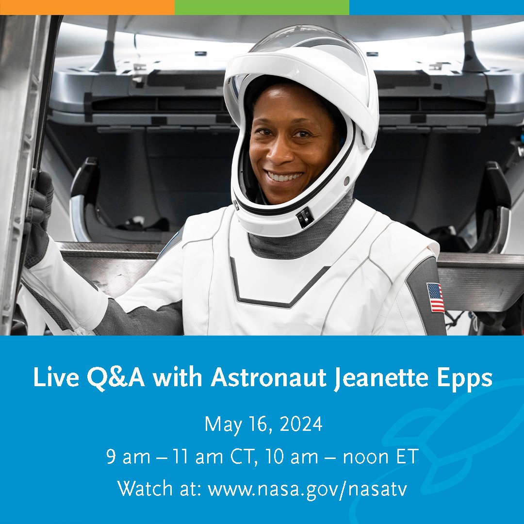 Tune in to nasa.gov/nasatv on Thursday, May 16 from 9am-11am CT / 10am - noon ET to watch @Space_Station crew member @Astro_Jeanette answer questions live from space! The Q&A will be about 20 mins but the exact time is unknown as space can be unpredictable!