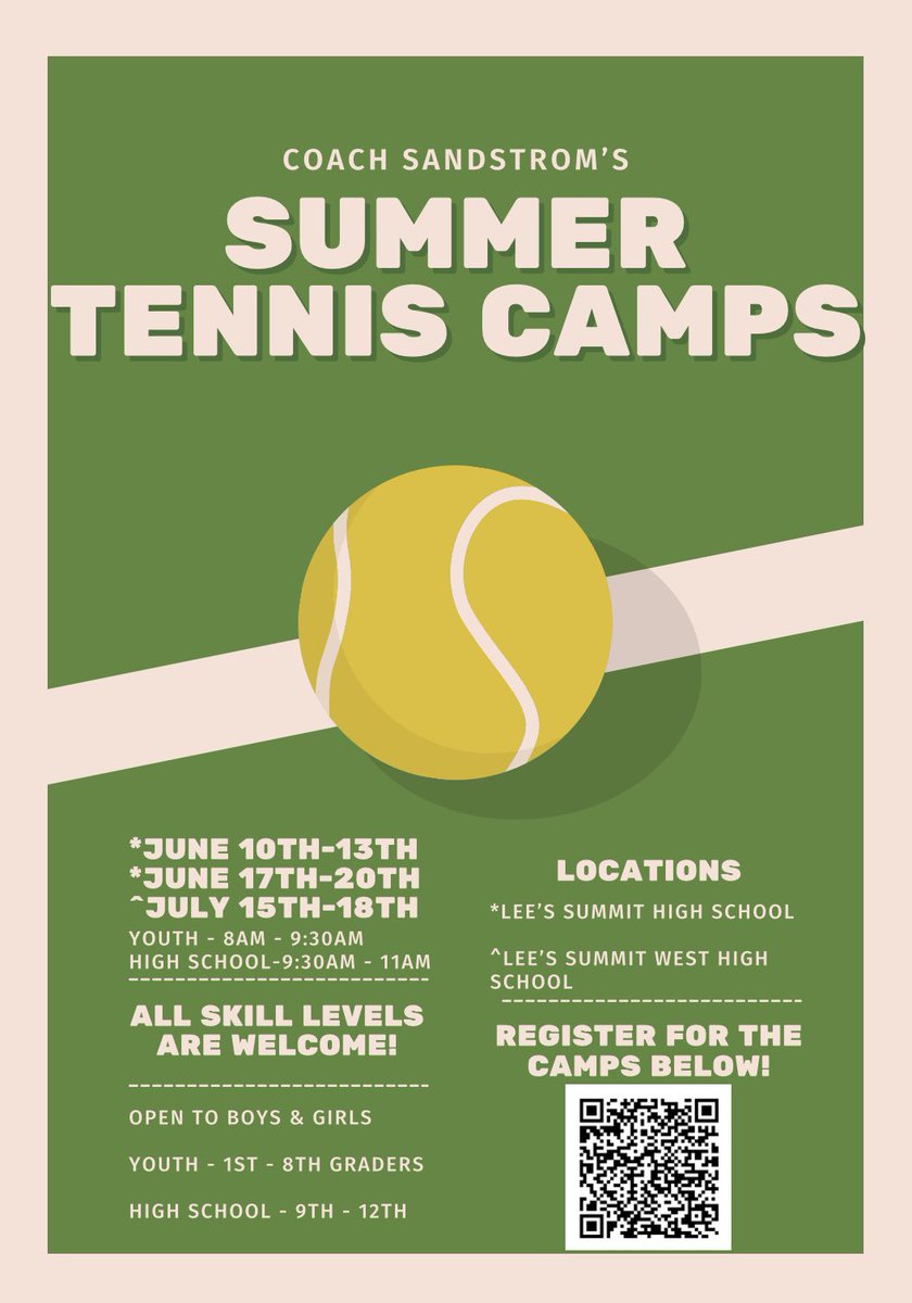 ATTENTION!!! Coach Sandstrom will be hosting some tennis camps this summer! Use the QR Code or link below to sign up!

forms.gle/5yvhoY4eJVUjKo…

<a href="/SMAActivities/">SMA Activities</a> <a href="/SMACatholic/">SMA Catholic</a>
