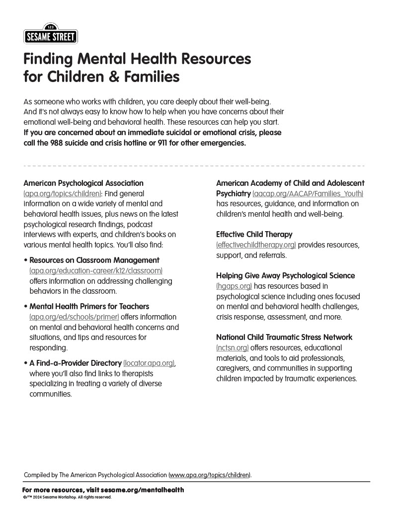Mental health providers play an important role in guiding families on supporting children’s emotional well-being. Providers can use this resource page to find trusted resources from @APA to support you in your work. m.sesame.org/forprovidersew… #EmotionalWellbeing #Resources