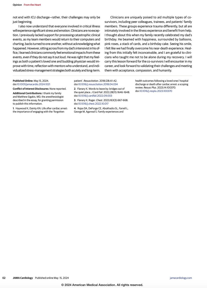 My essay about the trauma of witnessing my dad suffer 3 cardiac arrests was published today in JAMA Cardiology. Thank you to my family and mentors who supported me through my co-survivor healing journey #CoSurvivor #CardiacArrest

jamanetwork.com/journals/jamac…