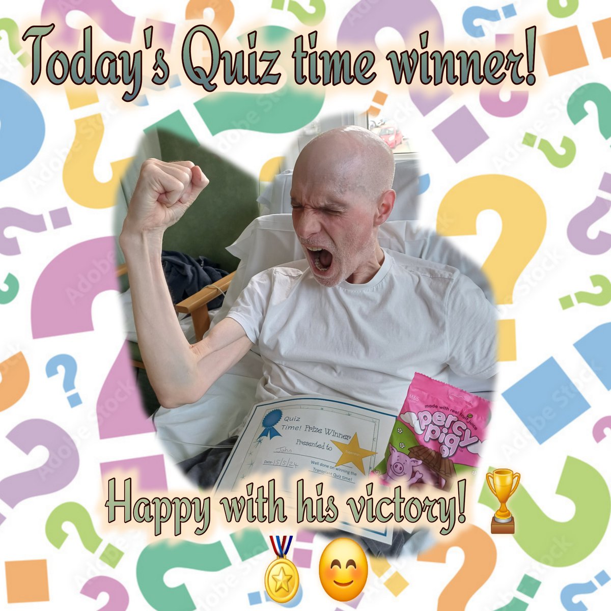 Well done to our quiz winner on Jim Quick today! John scored a massive 39 out of 45! He was extremely excited about his percy pigs prize! 😅🏆  
#winner #quizzing #brainhealth @MFTnhs @MFT_PatientExp @Michaela0895 @vikki_warman @TntTracy73 @parkerkarenj @NHSEngland @NHSuk