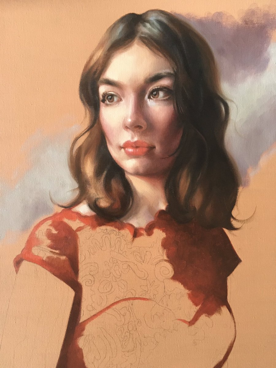 Tiny progress on this portrait 🌸 Today I could have worked more on the face (which it needs) but as I’m too impatient just had to blob in some more of the red & add a little of the sky 🤓 #oilpainting #portraiture #peinture #femme #womeninart #workinprogress #impatient #artist