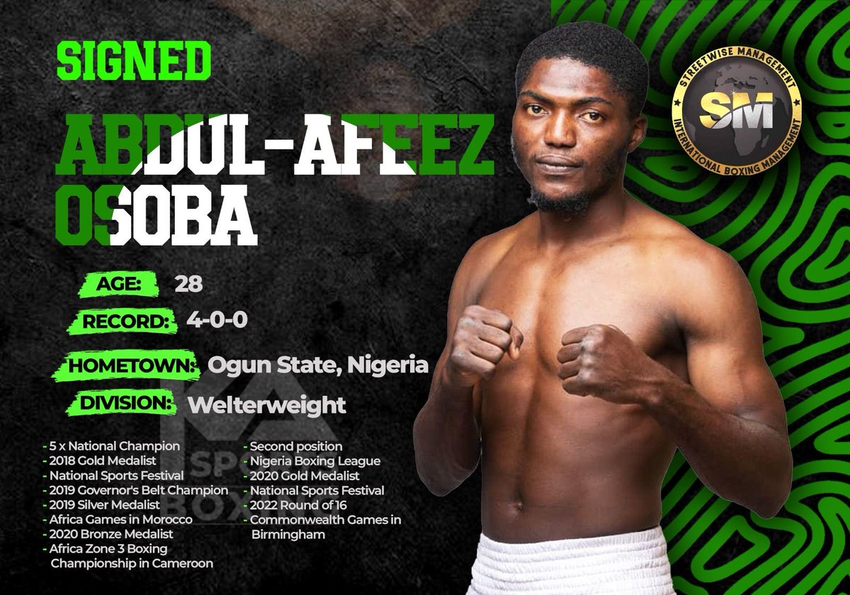 Another prospect added to our ranks. ⁦⁦@THEBIGNAME1995⁩ has signed with ⁦@Streetwisemgt⁩ and we can’t wait to get started with this former stand out amateur. Osoba will be competing at welterweight and we will look to get him back in the ring very soon. 🇳🇬🔥🇳🇬