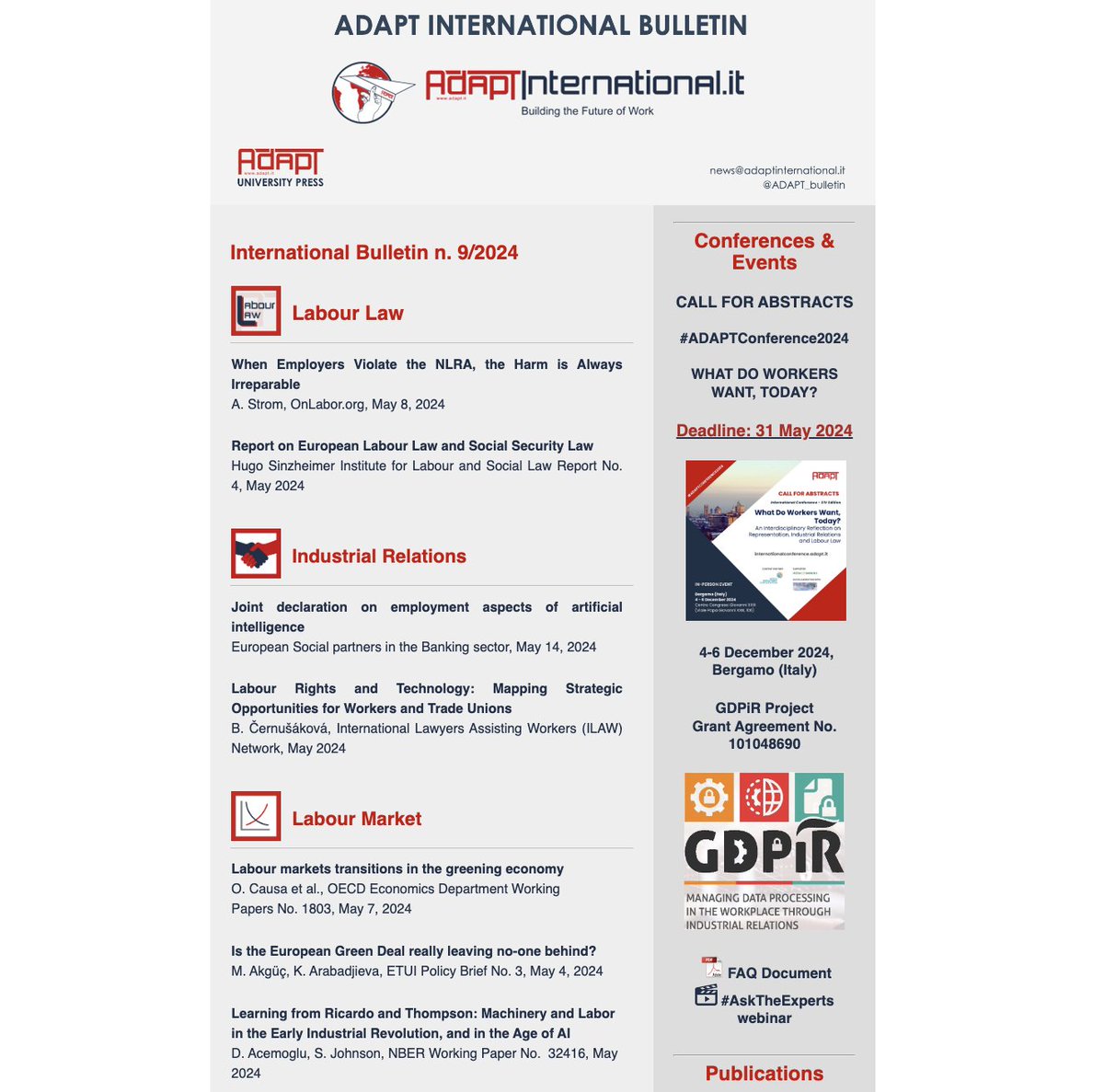 #JustPublished #ADAPTInternational Bulletin No. 9/2024 mailchi.mp/adaptinternati… #LabourLaw #SocialSecurity #AI #LabourMarket #GreenEconomy #SkillPremium #Wellbeing #OSH #SupplyChains #Sustainability #GenderEquality #retirement #Innovation