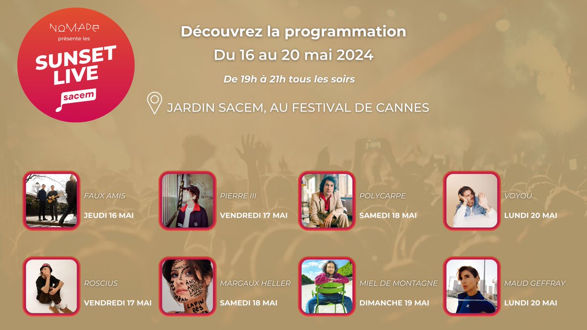 ☀️ 🎤 Les Sunset Live Sacem sont de retour ! Ne manquez pas les showcases des compositeurs de musique de film et des créateurs de musiques actuelles, du 16 au 20 mai, de 19h à 21h, au Jardin Sacem à Cannes 🎬 💌 Entrée sur invitation #Cannes2024 #SunsetLiveSacem