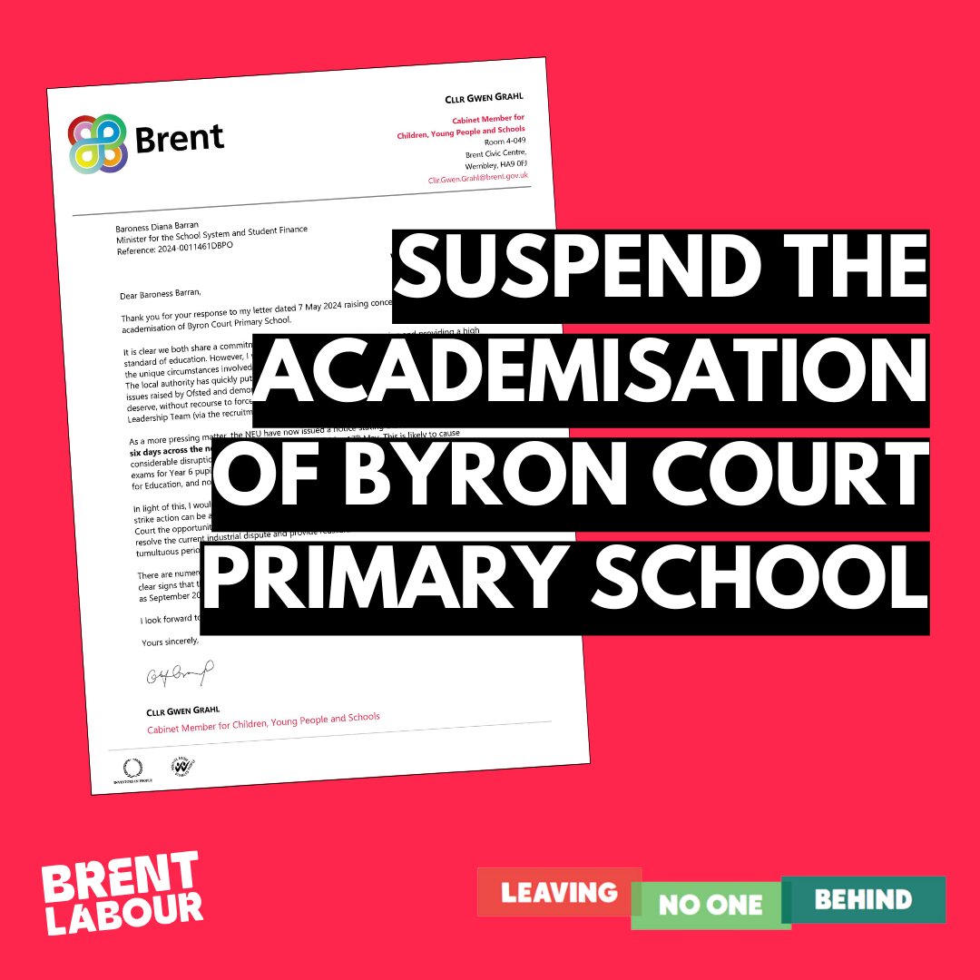 Byron Court Primary School should be given the chance to implement the extensive support given by the Council before it's made to become an academy. Cllr Gwen Grahl has asked for a meeting with the Department for Education, asking to pause the process. Read her letter below: 👇