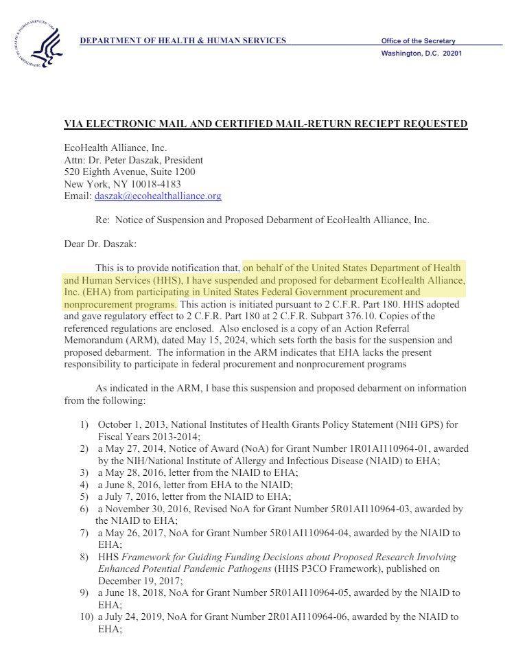 🚨BREAKING🚨 Today, based on evidence uncovered in @COVIDSelect's recent report, the U.S. Department of Health and Human Services commenced formal debarment proceedings against EcoHealth Alliance. EcoHealth will now face an immediate, government-wide suspension of taxpayer