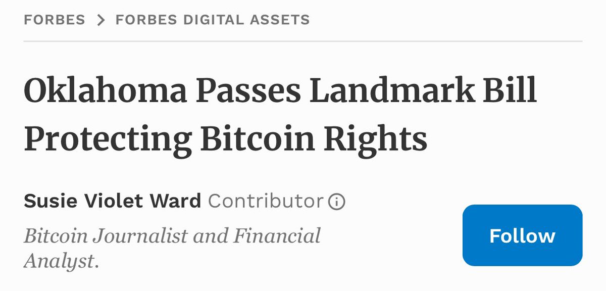 FORBES: Oklahoma Passes Landmark Bill Protecting #Bitcoin Rights.

“Dennis Porter and Satoshi Action Fund were key in advocating for the bill.”

This is a, “victory in their broader campaign to safeguard digital asset rights.”

Article by: @DecentraSuze: forbes.com/sites/digital-…