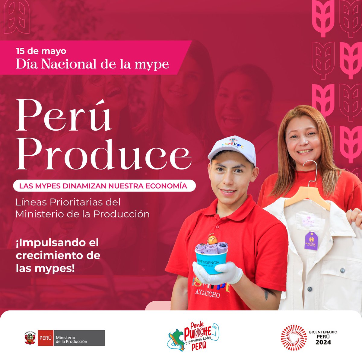 🗓#15Mayo |  ¡Hoy conmemoramos el Día Nacional de la Mype! 🙌 😃

En este importante día, presentaremos las líneas prioritarias #PerúProduce, donde las principales beneficiadas serán las micro y pequeñas empresas. 💪

🇵🇪 ¡Feliz Día de la Mype peruana! 👏