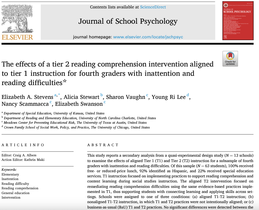 New pub alert! 🚨🚨👇👇We examined the effects of aligned T1-T2 instruction on the rdg comp outcomes of students with inattention & rdg difficulty. Link provides free access for 50 days! Kudos to coauthors @AliciaAStewart1 @SwansonPhD @YoungRiLee1 authors.elsevier.com/a/1j5J756ZNTYoI