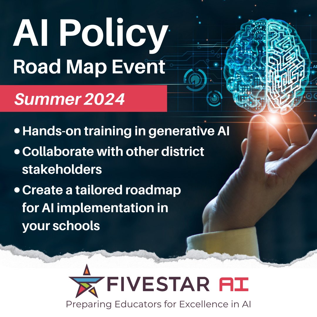 Interested in developing an AI policy for your district or updating your tech policy to include AI? This summer, the Five Star AI Team is hosting an event to guide you through the process. Complete the short survey below to let us know your interest: hubs.li/Q02wq0X70