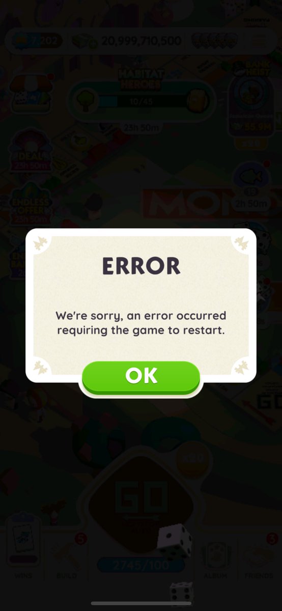 @MonopolyGO is the game down? I’ve rolled ten times now and it keeps shutting down and erasing my rewards