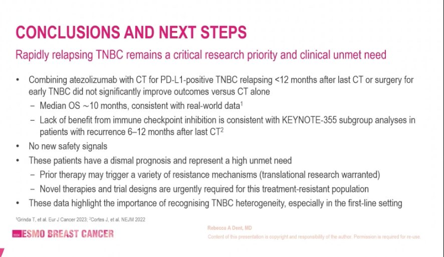 All is said by Dr @RebeccaDSing : “Rapidly relapsing TNBC remains a critical research priority and clinical unmet need”. Patients currently receive most treatment options in the (neo)adjuvant setting. We urgently need better treatment strategies #ESMOBreast24 #ESMOAmbassadors