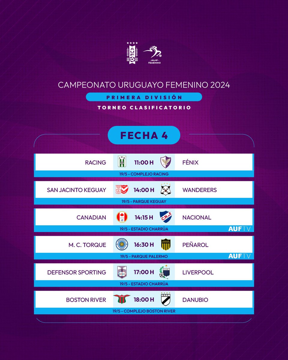 🔜 𝗗𝗢𝗠𝗜𝗡𝗚𝗢 𝗙𝗨𝗧𝗕𝗢𝗟𝗘𝗥𝗢 El 19/5 se disputará la 4ª Fecha del Campeonato Uruguayo de Primera División. #Temporada2024