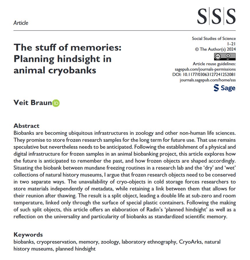 After nearly four years of working on it, I've finally got this article out in @Soc_Stud_Sci today: a little portrait of @cryoarks in particular and an account of the difficulties of biobanking more generally (Open Access)

journals.sagepub.com/doi/10.1177/03…