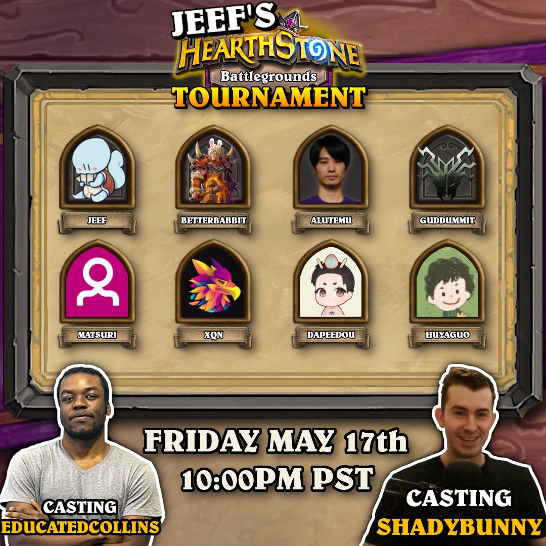 Shadybunny (@shadybunnylive) on Twitter photo <a href="/Educatedcollins/">Educated Collins</a> and myself are casting the world's best players going at it in <a href="/jeffispro1/">JeefHS</a> 's tournament.
Main broadcast. Watch it live at: Twitch.tv/shadybunny
This Friday 10 PM PST (Saturday 7 AM CEST)
<a href="/XQN_TheSad/">XQN</a> <a href="/Alutemu/">Alutemu</a> <a href="/BeterBabbit/">BeterBabbit (marc)</a> <a href="/guddummit/">guDDummit</a> <a href="/matsuri_hs/">まつり</a> <a href="/DaPeeDou/">DaPeeDou/大頭皮</a> <a href="/Educatedcollins/">Educated Collins</a> and myself are casting the world's best players going at it in <a href="/jeffispro1/">JeefHS</a> 's tournament.
Main broadcast. Watch it live at: Twitch.tv/shadybunny
This Friday 10 PM PST (Saturday 7 AM CEST)
<a href="/XQN_TheSad/">XQN</a> <a href="/Alutemu/">Alutemu</a> <a href="/BeterBabbit/">BeterBabbit (marc)</a> <a href="/guddummit/">guDDummit</a> <a href="/matsuri_hs/">まつり</a> <a href="/DaPeeDou/">DaPeeDou/大頭皮</a>